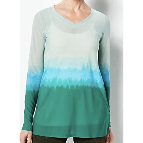 LOGO Layers by Lori Goldstein Women’s  Green Dip-Dye Sheer Mesh V-Neck Top Sz XL - Picture 1 of 11